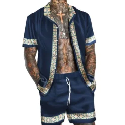 Hot OUKU Men's Floral 2pcs Shirts Sets Summer Hawaiian Shirt Short Sleeve Short Pants Turndown Fashion Hawaiian Designer Outdoor Vacation Beach 3D Print Button-Down Summer Spring Black Navy Blue Blue