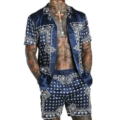 Hot OUKU Men's Floral 2pcs Shirts Sets Summer Hawaiian Shirt Short Sleeve Short Pants Turndown Fashion Hawaiian Designer Outdoor Vacation Beach 3D Print Button-Down Summer Spring Black Navy Blue Blue