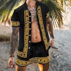 Best OUKU Men's Floral 2pcs Shirts Sets Summer Hawaiian Shirt Short Sleeve Short Pants Turndown Fashion Hawaiian Casual Outdoor Vacation Beach 3D Print Button-Down Summer Spring Gold + Black Black Yellow