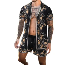 Best OUKU Men's Floral 2pcs Shirts Sets Summer Hawaiian Shirt Short Sleeve Short Pants Turndown Fashion Hawaiian Casual Outdoor Vacation Beach 3D Print Button-Down Summer Spring Gold + Black Black Yellow
