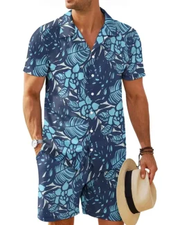 Hot OUKU Men's Floral 2pcs Shirts Sets Shirt Short Sleeve Short Pants Cuban Collar Vacation Casual Daily Vacation Wear 3D Print Summer Robin's Egg Blue Green Brown