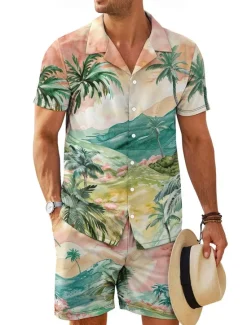 Hot OUKU Men's Floral 2pcs Shirts Sets Shirt Short Sleeve Short Pants Cuban Collar Vacation Casual Daily Vacation Wear 3D Print Summer Robin's Egg Blue Green Brown