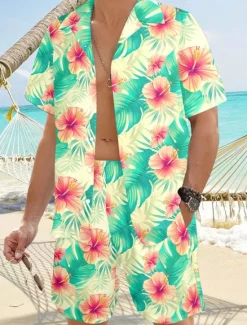 Discount OUKU Men's Floral 2pcs Shirts Sets Summer Hawaiian Shirt Short Sleeve Short Pants Turndown Casual beach vacation Casual Daily Vacation Wear 3D Print Summer Light Pink Green