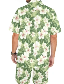 Discount OUKU Men's Floral 2pcs Shirts Sets Summer Hawaiian Shirt Short Sleeve Short Pants Turndown Casual beach vacation Casual Daily Vacation Wear 3D Print Summer Light Pink Green
