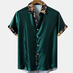 Outlet OUKU Men's Floral Plants Button Up Shirt Short Sleeve Fashion Casual Party Casual Summer Spring Turndown Button Up Black Blue Green