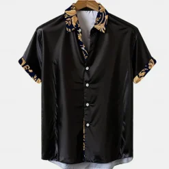 Outlet OUKU Men's Floral Plants Button Up Shirt Short Sleeve Fashion Casual Party Casual Summer Spring Turndown Button Up Black Blue Green