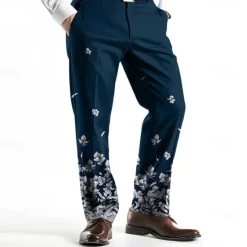 Hot OUKU Men's Floral Print Dress Pants Trousers Mid Waist Business Casual Wedding Holiday Dads Day Gifts Flat-Front Straight Leg Trousers Summer Spring Fall 3D Print Black Wine Blue