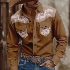 Sale OUKU Men's Floral Print Ethnic Flowers Shirt Western Shirt Cowboy Shirt Long Sleeve Vintage Retro Outdoor Casual WorkWear Summer Spring Fall Turndown Front Two Pockets Button Up Shirts Light Pink Brown