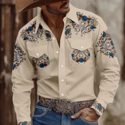 Best OUKU Men's Floral Print Ethnic Flowers Shirt Western Shirt Cowboy Shirt Long Sleeve Vintage Retro Outdoor Casual WorkWear Spring Fall Turndown Front Two Pockets Button Up Shirts Light Khaki Black Blue