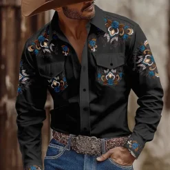 Best OUKU Men's Floral Print Ethnic Flowers Shirt Western Shirt Cowboy Shirt Long Sleeve Vintage Retro Outdoor Casual WorkWear Spring Fall Turndown Front Two Pockets Button Up Shirts Light Khaki Black Blue