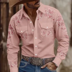 New OUKU Men's Floral Print Flowers Shirt Western Shirt Cowboy Shirt Long Sleeve Vintage Retro Outdoor Casual WorkWear Spring Fall Turndown Front Two Pockets Button Up Shirts Pink Blue Green Khaki
