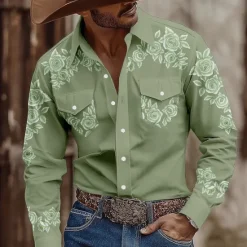 New OUKU Men's Floral Print Flowers Shirt Western Shirt Cowboy Shirt Long Sleeve Vintage Retro Outdoor Casual WorkWear Spring Fall Turndown Front Two Pockets Button Up Shirts Pink Blue Green Khaki