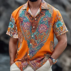 Hot OUKU Men's Floral Print Indian Boho Shirt Summer Hawaiian Shirt Button Up Shirt Short Sleeve Hawaiian Vacation Holiday Beach Wear Summer Spring Turndown 3D Print Collared Shirts Blue Orange
