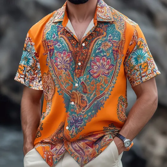 Hot OUKU Men's Floral Print Indian Boho Shirt Summer Hawaiian Shirt Button Up Shirt Short Sleeve Hawaiian Vacation Holiday Beach Wear Summer Spring Turndown 3D Print Collared Shirts Blue Orange