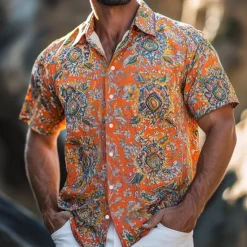 Hot OUKU Men's Floral Print Indian Boho Shirt Summer Hawaiian Shirt Button Up Shirt Short Sleeve Hawaiian Vacation Holiday Beach Wear Summer Spring Turndown 3D Print Collared Shirts Orange Khaki