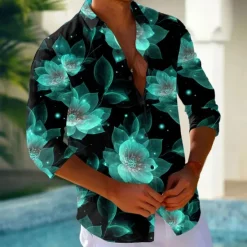 Hot OUKU Men's Floral Print Neon Glow Flowers Shirt Button Up Shirt Long Sleeve Fashion Casual Holiday Streetwear Summer Spring Turndown 3D Print Collared Shirts Light Green Blue Purple Green