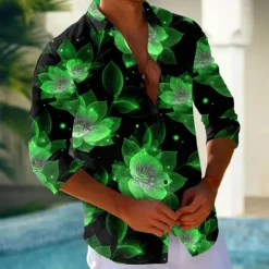 Hot OUKU Men's Floral Print Neon Glow Flowers Shirt Button Up Shirt Long Sleeve Fashion Casual Holiday Streetwear Summer Spring Turndown 3D Print Collared Shirts Light Green Blue Purple Green