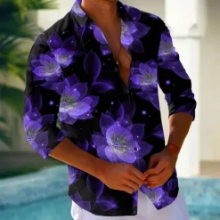 Hot OUKU Men's Floral Print Neon Glow Flowers Shirt Button Up Shirt Long Sleeve Fashion Casual Holiday Streetwear Summer Spring Turndown 3D Print Collared Shirts Light Green Blue Purple Green