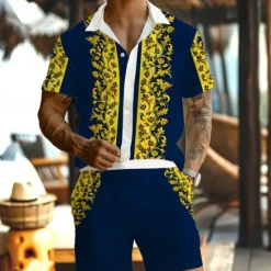 Outlet OUKU Men's Floral Print 2pcs Shirts Sets Summer Hawaiian Shirt Short Sleeve Short Pants Turndown Vacation Hawaiian Outdoor Hawaiian Holiday Buttons Pocket Print Summer All Seasons Yellow Green