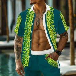 Outlet OUKU Men's Floral Print 2pcs Shirts Sets Summer Hawaiian Shirt Short Sleeve Short Pants Turndown Vacation Hawaiian Outdoor Hawaiian Holiday Buttons Pocket Print Summer All Seasons Yellow Green