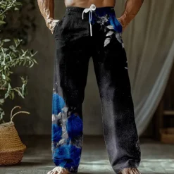 Outlet OUKU Men's Floral Print Rose Flowers Trousers Baggy Pants Casual Pants Mid Waist Retro Vintage Outdoor Vacation Holiday Side Pockets Elastic Waist Wide Leg Summer Spring 3D Print Red Blue Purple