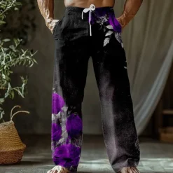 Outlet OUKU Men's Floral Print Rose Flowers Trousers Baggy Pants Casual Pants Mid Waist Retro Vintage Outdoor Vacation Holiday Side Pockets Elastic Waist Wide Leg Summer Spring 3D Print Red Blue Purple