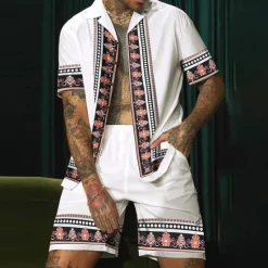 OUKU Men's Floral Print Totem Ethnic 2pcs Shirts Sets Summer Hawaiian Shirt Short Sleeve Short Pants Cuban Collar Fashion Streetwear Hawaiian Outdoor Street Daily Print Summer Spring White