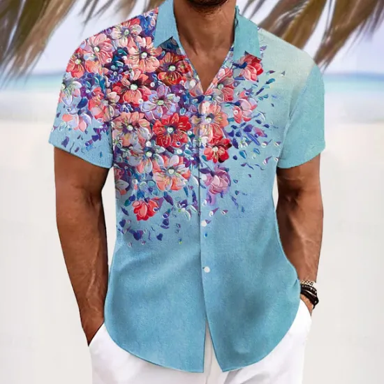 Best OUKU Men's Floral Print Tropical Flowers Shirt Summer Hawaiian Shirt Button Up Shirt Short Sleeve Hawaiian Resort Vacation Holiday Beach Wear Summer Spring Turndown 3D Print Collared Shirts Yellow Blue