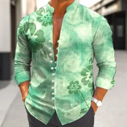 New OUKU Men's Floral Print Tropical Flowers Shirt Aloha Shirt Stand Collar Shirt Long Sleeve Hawaiian Vacation Daily Wear Going out Spring Fall Mandarin Collar Band Collar Button-Down Linen Like Shirt Blue