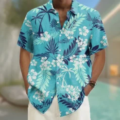 Clearance OUKU Men's Floral Print Tropical Flowers Summer Hawaiian Shirt Button Up Shirt Aloha Shirt Short Sleeve Hawaiian Vacation Beach Wear Summer Spring Turndown 3D Print Collared Shirts Red Blue Sky Blue Green