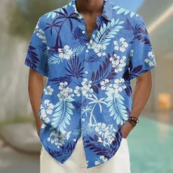 Clearance OUKU Men's Floral Print Tropical Flowers Summer Hawaiian Shirt Button Up Shirt Aloha Shirt Short Sleeve Hawaiian Vacation Beach Wear Summer Spring Turndown 3D Print Collared Shirts Red Blue Sky Blue Green