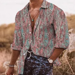 Outlet OUKU Men's Floral Shirt Boho Shirt Long Sleeve Tropical Sports Streetwear Outdoor Casual Daily Fall & Winter Turndown Print Button-Down Black Pink Navy Blue Blue Purple