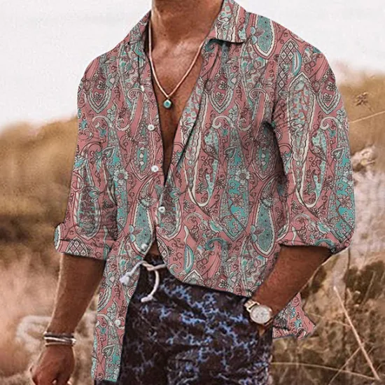 Outlet OUKU Men's Floral Shirt Boho Shirt Long Sleeve Tropical Sports Streetwear Outdoor Casual Daily Fall & Winter Turndown Print Button-Down Black Pink Navy Blue Blue Purple