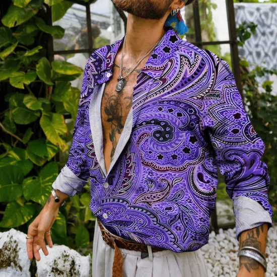 Outlet OUKU Men's Floral Shirt Boho Shirt Long Sleeve Tropical Sports Streetwear Outdoor Casual Daily Fall & Winter Turndown Print Button-Down Black Pink Navy Blue Blue Purple
