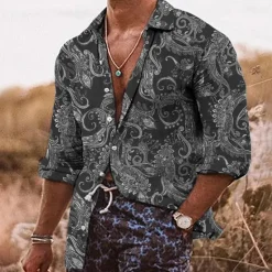 Online OUKU Men's Floral Shirt Boho Shirt Button Up Shirt Long Sleeve Fashion Streetwear Designer Outdoor Casual Daily Fall & Winter Turndown Print Button-Down Olive Green Pink Navy Blue Gray