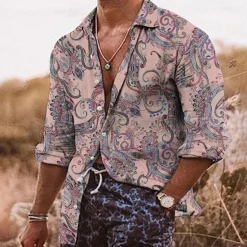 Online OUKU Men's Floral Shirt Boho Shirt Button Up Shirt Long Sleeve Fashion Streetwear Designer Outdoor Casual Daily Fall & Winter Turndown Print Button-Down Olive Green Pink Navy Blue Gray