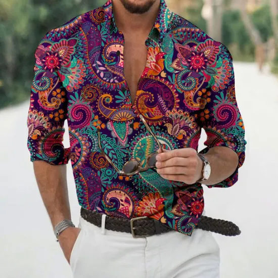 Online OUKU Men's Floral Shirt Button Up Shirt Long Sleeve Fashion Designer Casual Daily Holiday Going out Spring & Summer Turndown 3D Print Button-Down White Yellow Light Purple Purple