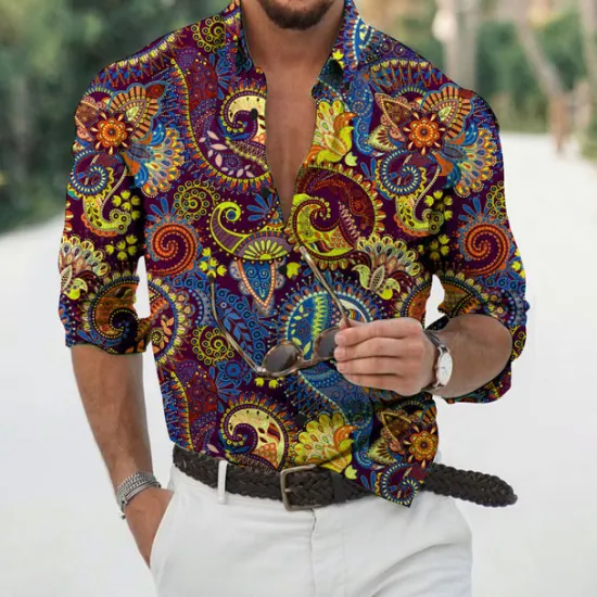 Online OUKU Men's Floral Shirt Button Up Shirt Long Sleeve Fashion Designer Casual Daily Holiday Going out Spring & Summer Turndown 3D Print Button-Down White Yellow Light Purple Purple