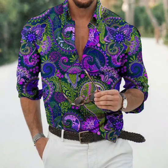 Online OUKU Men's Floral Shirt Button Up Shirt Long Sleeve Fashion Designer Casual Daily Holiday Going out Spring & Summer Turndown 3D Print Button-Down White Yellow Light Purple Purple