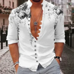 Discount OUKU Men's Floral Shirt Button Up Shirt Long Sleeve Fashion Streetwear Designer Outdoor Casual Daily Summer Spring Fall Stand Collar Print Yellow Pink Purple Green Gray