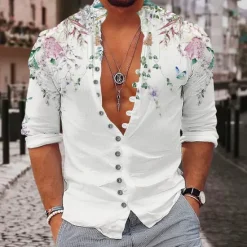 Discount OUKU Men's Floral Shirt Button Up Shirt Long Sleeve Fashion Streetwear Designer Outdoor Casual Daily Summer Spring Fall Stand Collar Print Yellow Pink Purple Green Gray