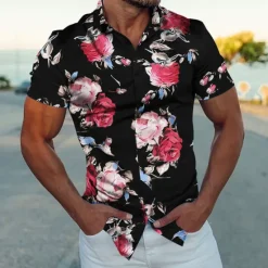 Online OUKU Men's Floral Shirt Button Up Shirt Short Sleeve Fashion Streetwear Designer Outdoor Street Daily Summer Spring Turndown Print Black White Navy Blue Blue Gold