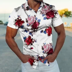 Online OUKU Men's Floral Shirt Button Up Shirt Short Sleeve Fashion Streetwear Designer Outdoor Street Daily Summer Spring Turndown Print Black White Navy Blue Blue Gold