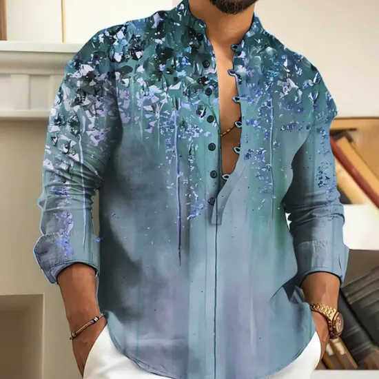 Outlet OUKU Men's Floral Shirt Button Up Shirt Long Sleeve Fashion Streetwear Designer Outdoor Casual Daily Summer Spring Fall Stand Collar Print Blue Purple Brown Green Gray