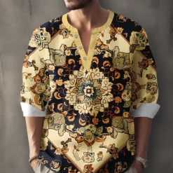 Discount OUKU Men's Floral Shirt Button Up Shirt Henley Shirt Long Sleeve Vintage Casual Vacation Daily Beach Wear Summer Spring Fall Collarless V Neck Buttons 3D Print Khaki