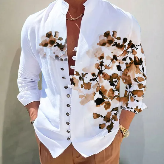 Clearance OUKU Men's Floral Shirt Button Up Shirt Long Sleeve Fashion Designer Casual Vacation Daily Going out Fall Autumn / Fall Spring & Summer Stand Collar Print Yellow Blue Purple Green Gray