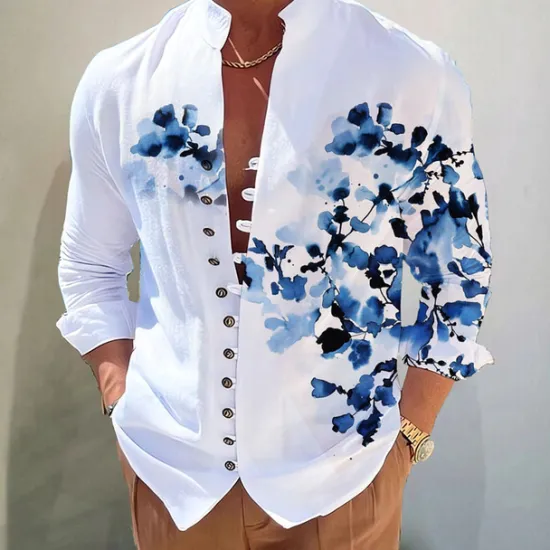 Clearance OUKU Men's Floral Shirt Button Up Shirt Long Sleeve Fashion Designer Casual Vacation Daily Going out Fall Autumn / Fall Spring & Summer Stand Collar Print Yellow Blue Purple Green Gray