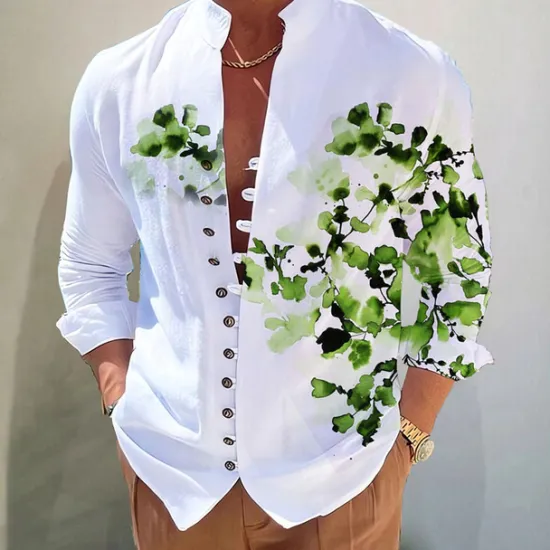Clearance OUKU Men's Floral Shirt Button Up Shirt Long Sleeve Fashion Designer Casual Vacation Daily Going out Fall Autumn / Fall Spring & Summer Stand Collar Print Yellow Blue Purple Green Gray