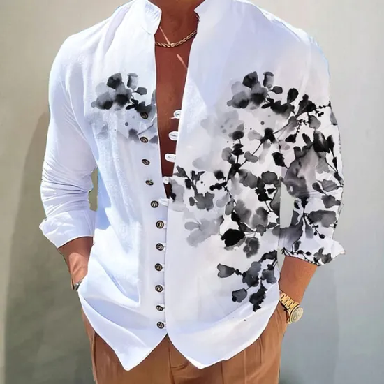 Clearance OUKU Men's Floral Shirt Button Up Shirt Long Sleeve Fashion Designer Casual Vacation Daily Going out Fall Autumn / Fall Spring & Summer Stand Collar Print Yellow Blue Purple Green Gray