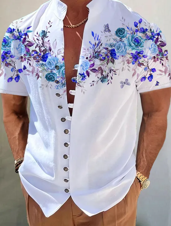 Outlet OUKU Men's Floral Shirt Button Up Shirt Short Sleeve Fashion Streetwear Designer Outdoor Casual Daily Spring & Summer Stand Collar Print Red Blue Purple Green Gray